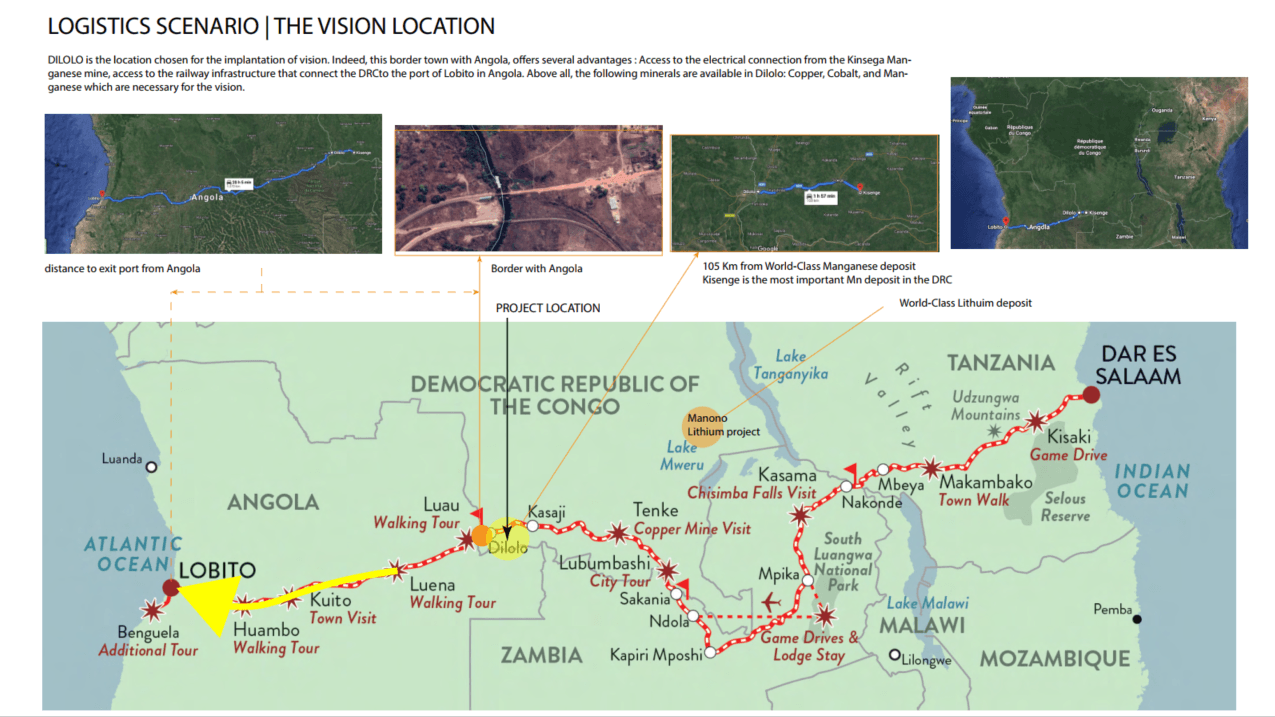 Logistics scenario: Dilolo, on the DRC–Angola border, linked by rail to the port of Lobito, 105 km from the Kisenge manganese deposit