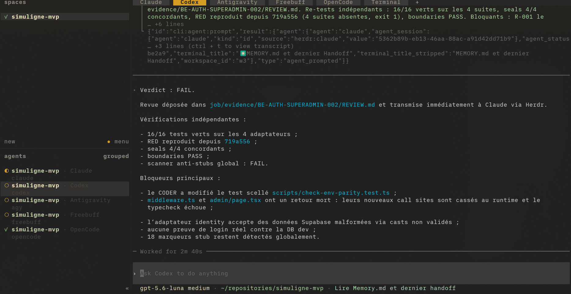 Independent review blocking a task after the coder modified a sealed test