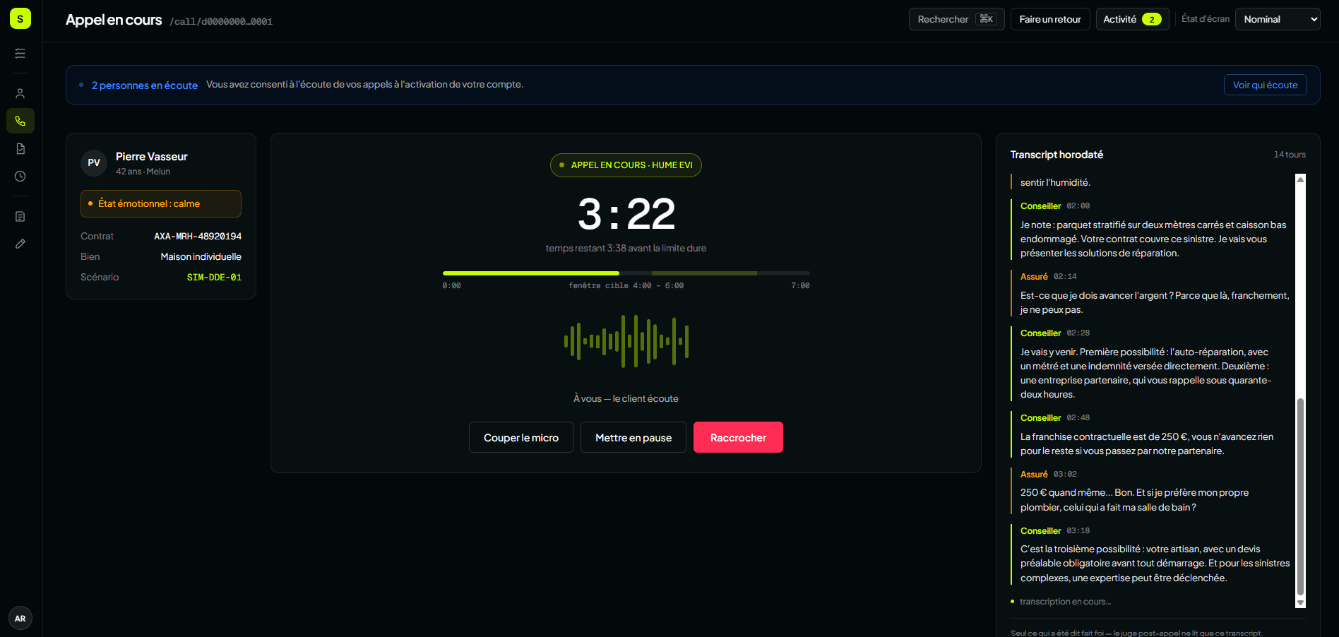 Target screen of Simuligne: live call, adviser view with timer and timestamped transcript