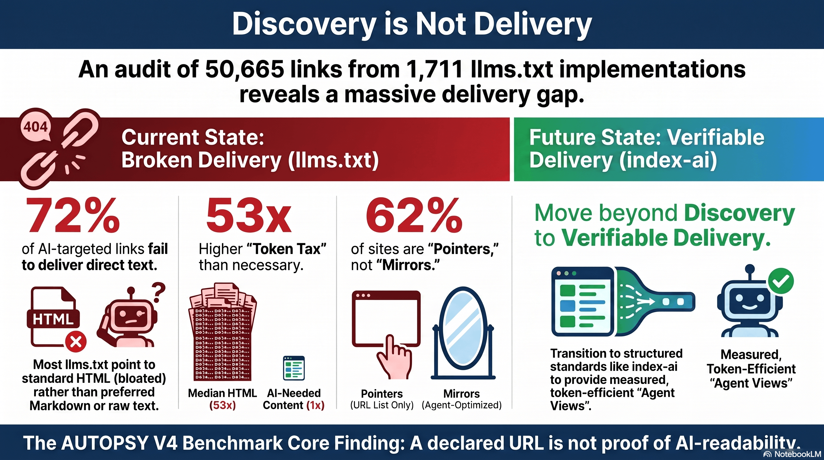Discovery is Not Delivery — Benchmark audit of 50,665 links from 1,711 llms.txt implementations